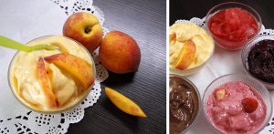 Broskyňový sorbet v miske s broskyňami na stole a ostatné ovocné sorbety v miskách