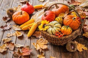 Jesenný aranžmán s tekvicami, lístím a kukuricou