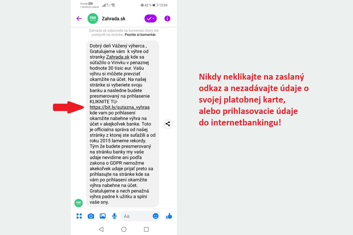 Súkromná správa na Facebooku od falošnej stránky