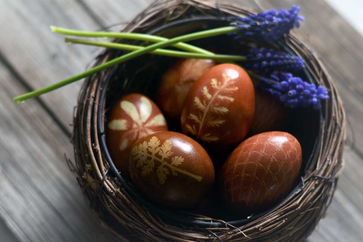 Veľkonočné vajíčka zafarbené cibuľovými šupkami a odtlačkami rastlín