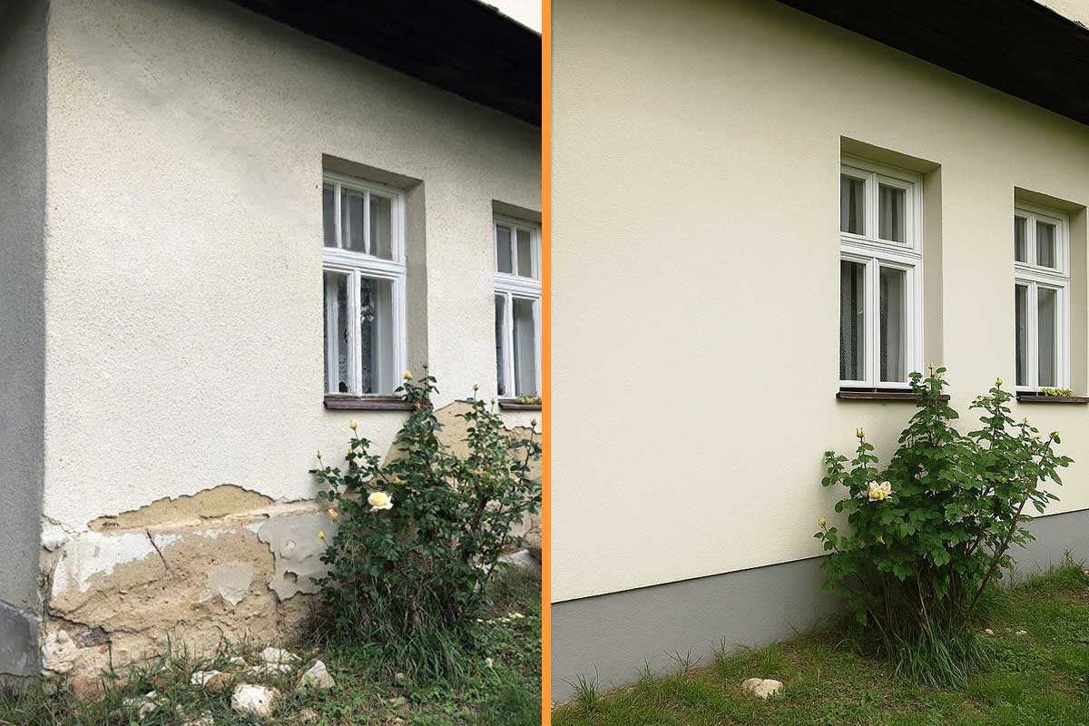 Foto pred a po sanácii vlhkého muriva na rodinnom dome