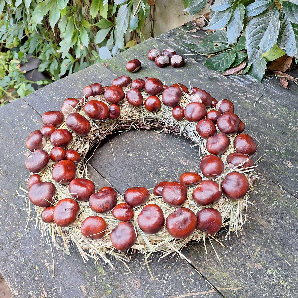 Ozdobovanie venca gaštanmi