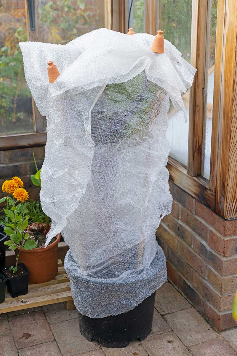 Zaistenie bublinkovej fólie vrchnákmi na bambusové tyče