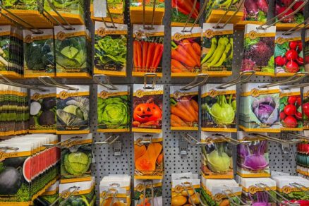 Stojan so záhradným osivom v obchode