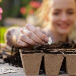 Záhradkárka vysieva semená zeleniny a kvetov