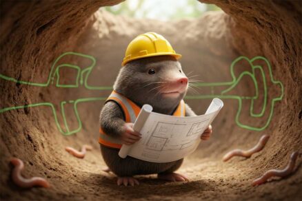 Krtko ako stavebný inžinier vo veste a helmou