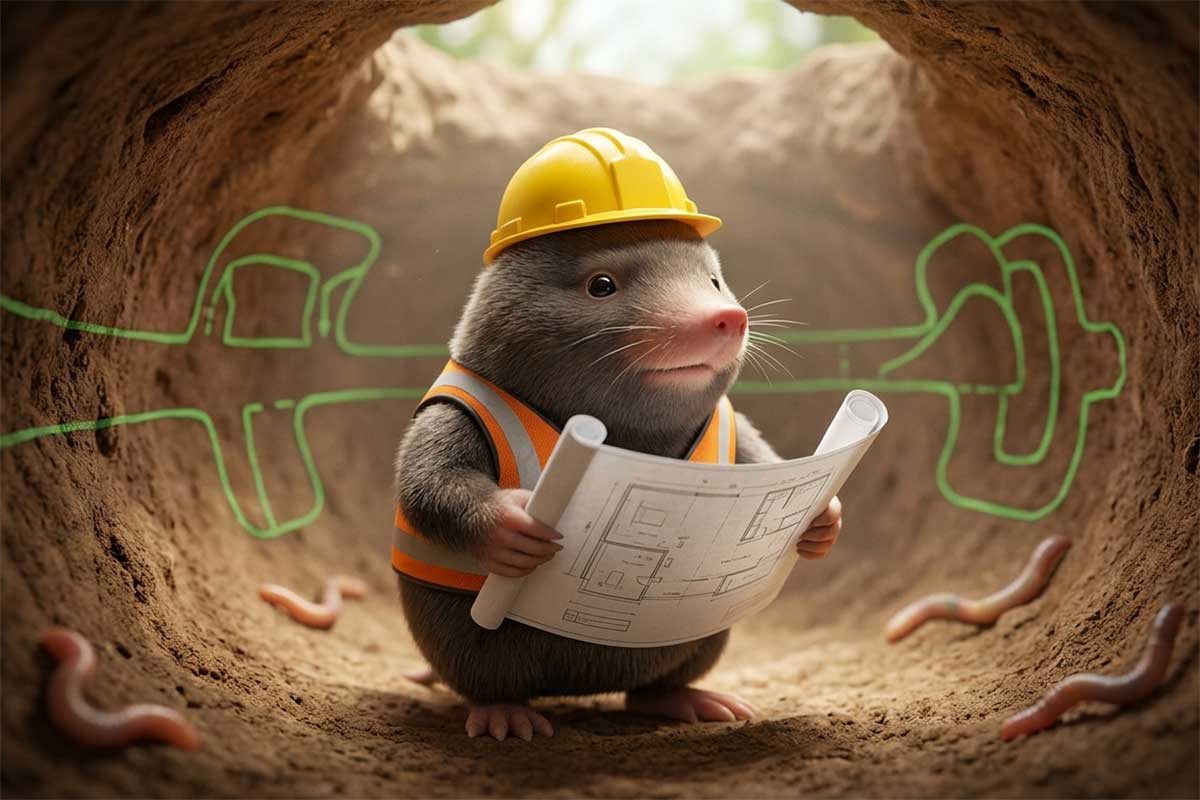 Krtko ako stavebný inžinier vo veste a helmou