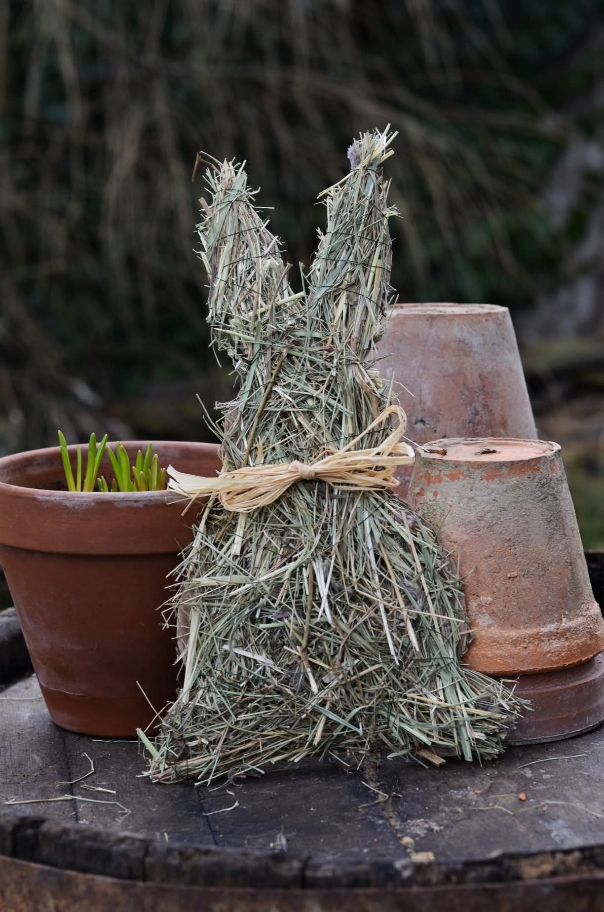 Jednoduchá veľkonočná dekorácia v tvare zajaca zo sena a kartónu
