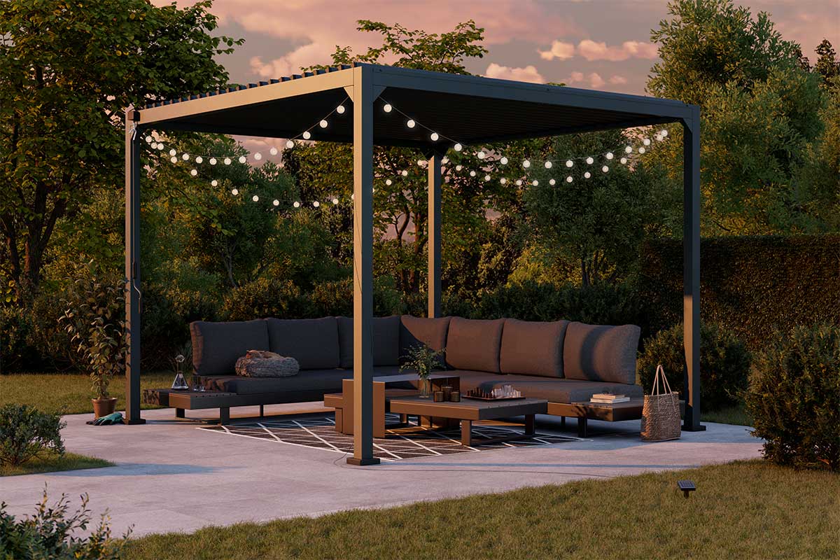 Záhradná pergola s osvetlením a nábytkom 