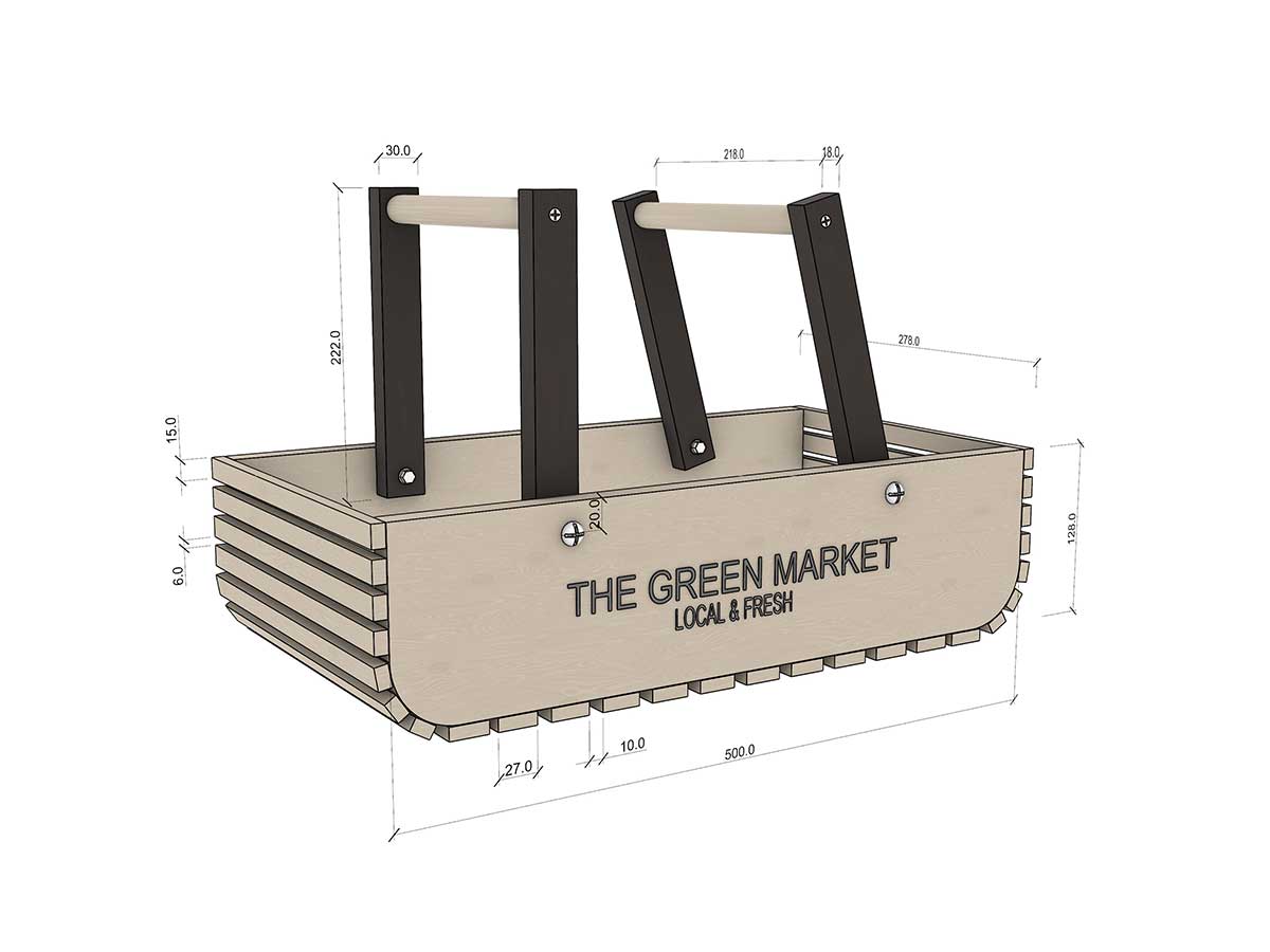 A Bočné steny košíka (2 ks, 18 × 122 × 500 mm) B Latky na rúčky (4 ks, 18 × 30 × 222 mm) C Rúčky (2 ks, Ø 20 × 218 mm) D Bočné latky košíka (14 ks, 9 × 15 × 278 mm) E Spodné latky košíka (10 ks, 9 × 27 × 278 mm)